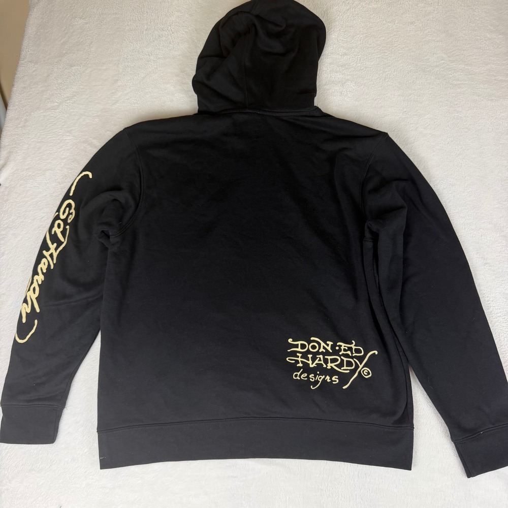 Ed Hardy Mens Large Graphic Hoodie Black Virgin Mary Rose Sweatshirt Winter - Picture 4 of 8